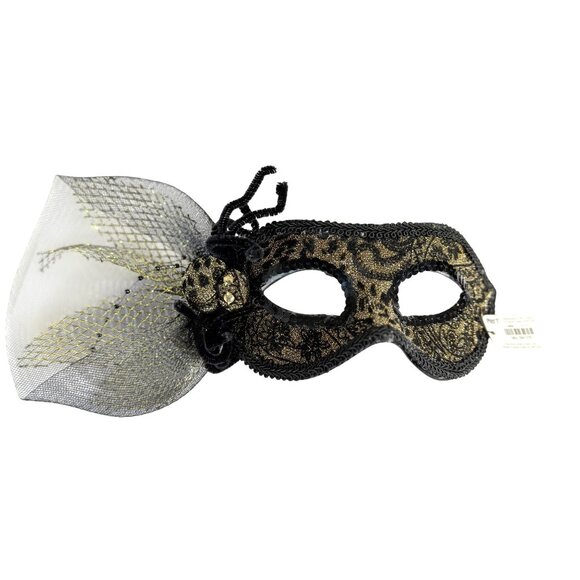 Pier 1 Masquerade Spider Mask VTG Gold Glitter Black Sequin Animal Floral Print - Picture 1 of 16